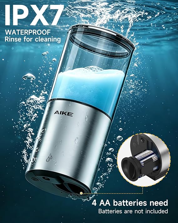 AIKE Automatic Soap Dispenser IPX7 Waterproof 13.5oz Stainless Finish | No-Drill and Screws for Mounting,Space Saving,Adjustable 5 Levels Precise Dispense for Bathroom,Easy Refill Wide Opening