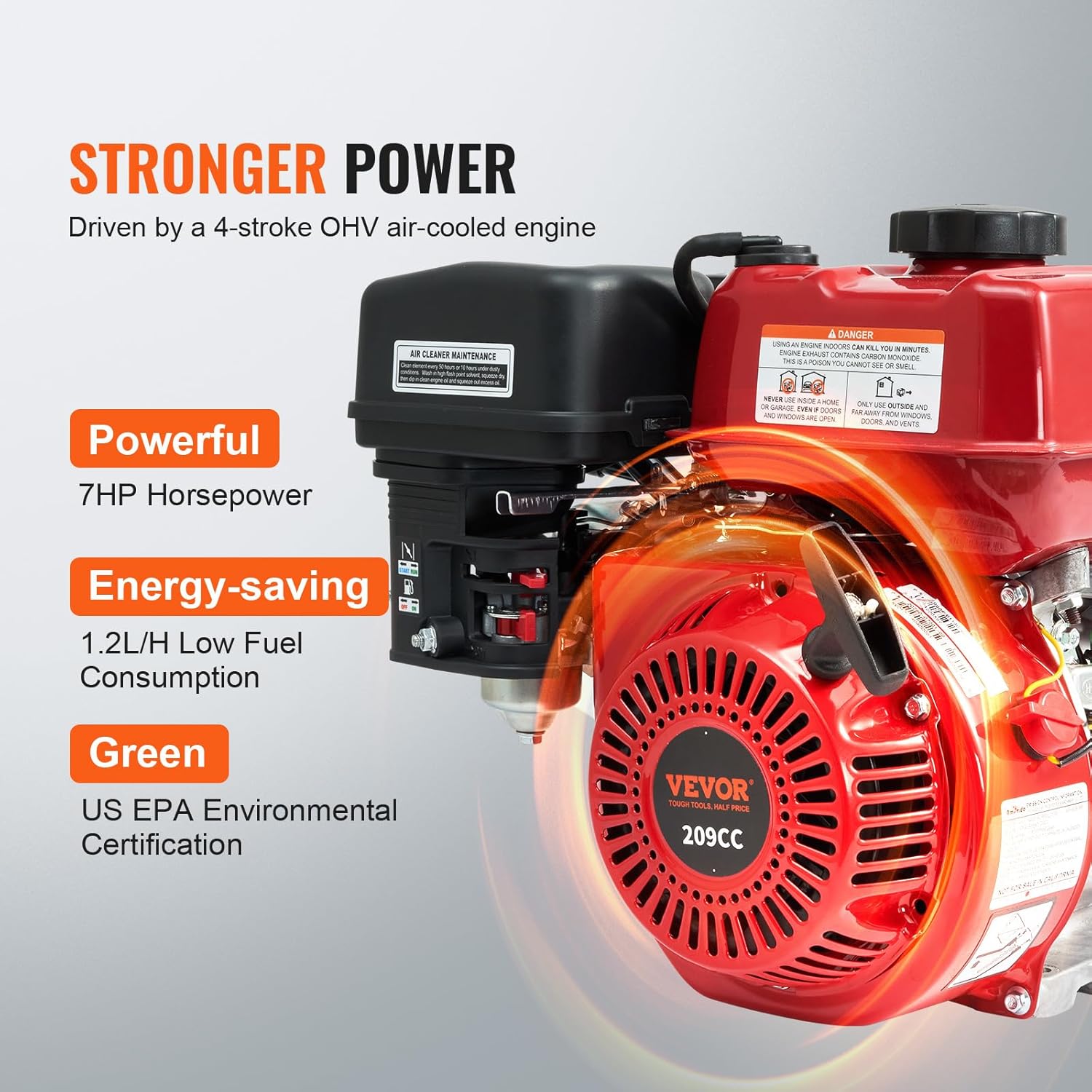 VEVOR Gasoline Powered Clarified Water Pump, 2 in/50 mm, 7HP 132GPM 4-Stroke Gasoline Engine Water Transfer Pump with 25 ft/7.62 m Outlet Hose Max 98 ft Lift 26ft Suction, Cast Iron Impeller