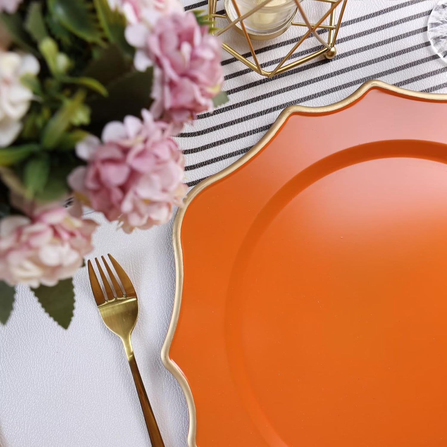 Orange Chargers for Dinner Plates, 13 Inch Scalloped Plastic Decorative Table Charge Service Plates Set of 6 for Wedding, Holiday, Thanksgivng, Christmas