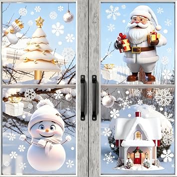 114PCS Christmas Snowflake Window Clings Stickers for Glass, White Stereo Static Sticker Xmas Decals Christmas Decorations Indoor Holiday Snowflake Santa Claus Snowman Decals for Party