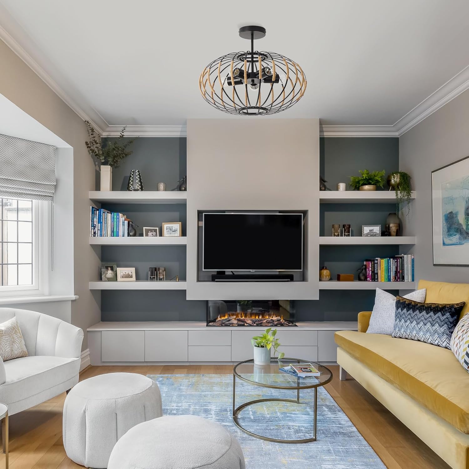 Modern Black Semi Flush Mount Ceiling Light, Rattan Industrial Chandelier for Dining Room,Living Room,Bedroom,Hallway,Kitchen,Bar 5-Light