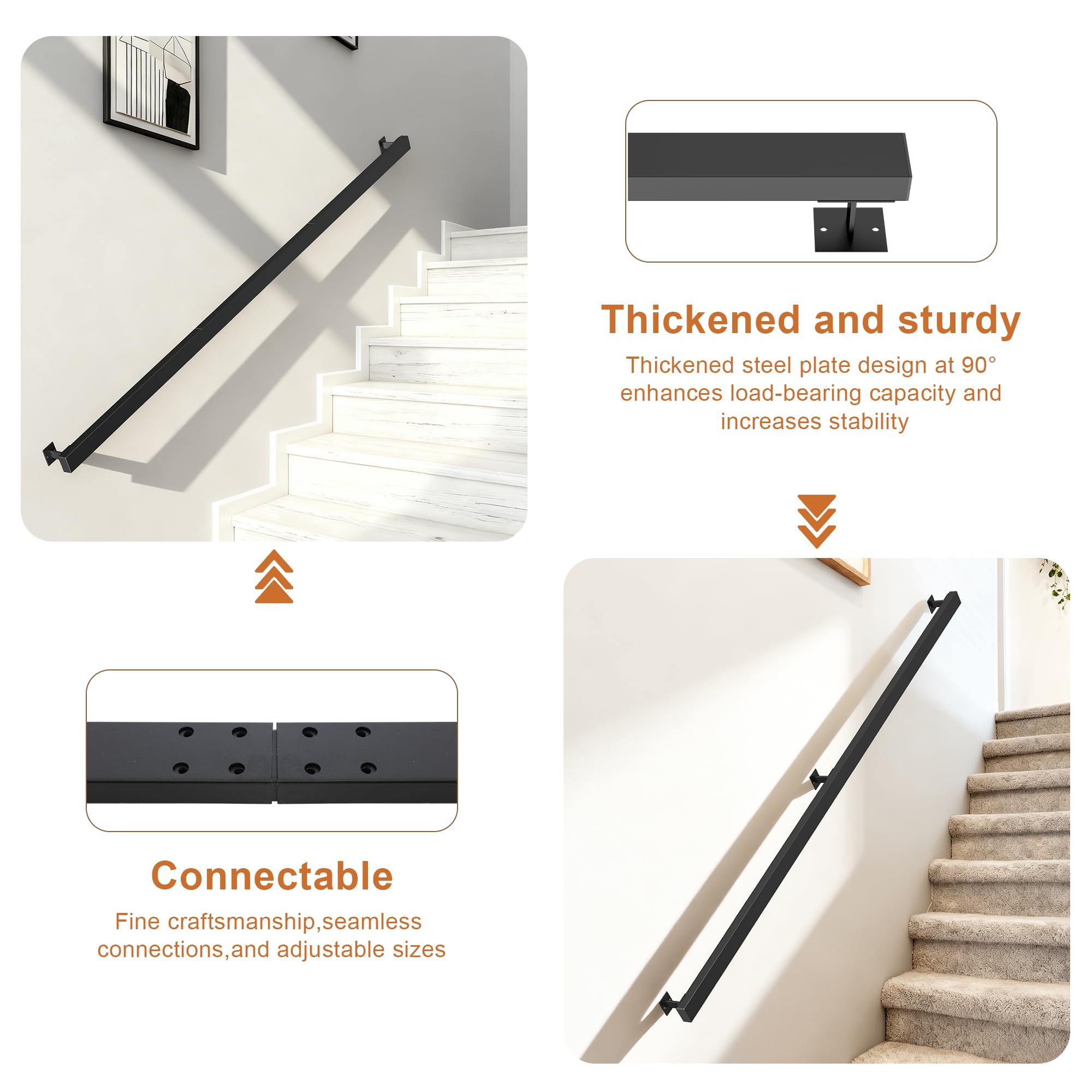 Handlauf Metall, Schwarz Matt Geländer Treppe Wandhandlauf Wand Innen und Außen mit Wandhalterung und Endkappen, Treppengeländer mit Zubehör, Handlauf Treppe für Treppen, Brüstung, Balkon (240cm)