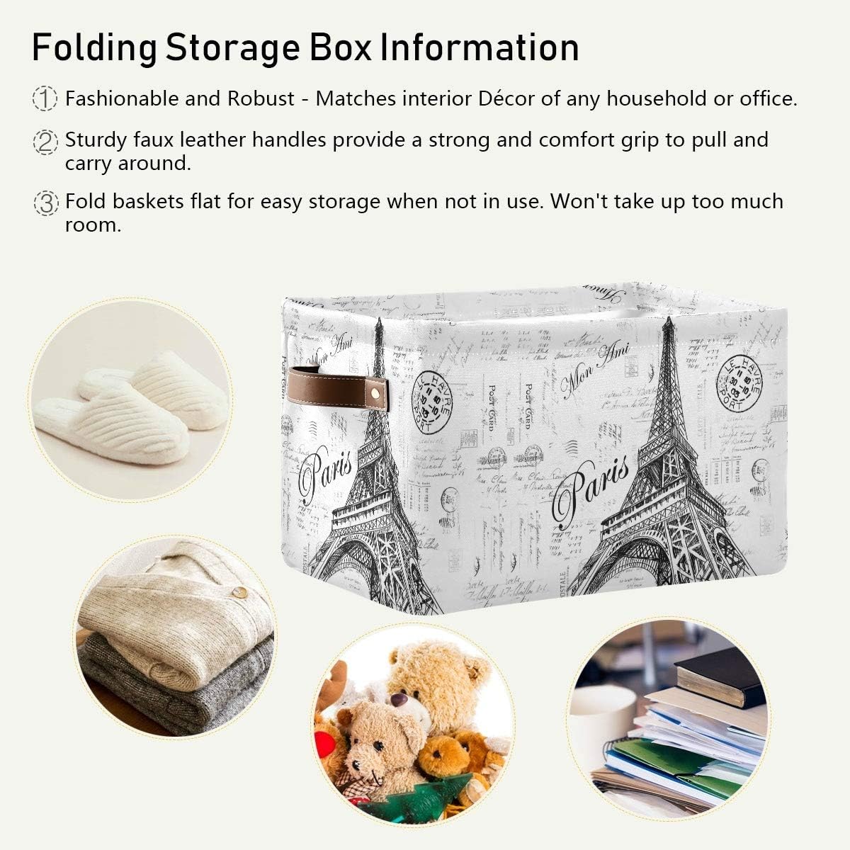 Storage Basket Paris Eiffel TowerStorage Bin Cube with Handles Foldable Storage Baskets for Shelves​​ Living Room Home Decor 2PCS