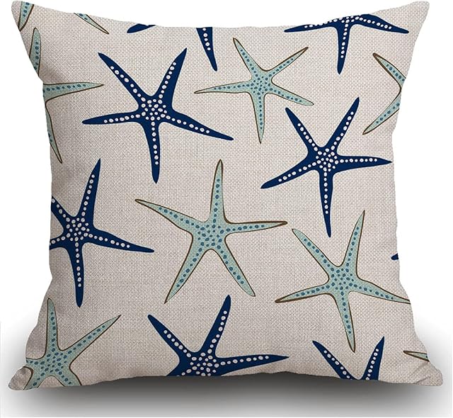 Smooffly Coastal Nautical Cushion Cover, Coastal Nautical Starfish Repeat Pattern Navy Blue Square 18 x 18 Inches Decorative Throw Pillow Cover Cotton for Sofa Bedroom Car 45 x 45 cm