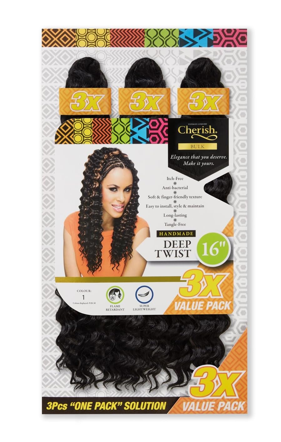 Cherish/Deep Twist Bulk 16'' / Crochet Hair Braids / 3 IN 1 VALUE PACK/Colour - 1