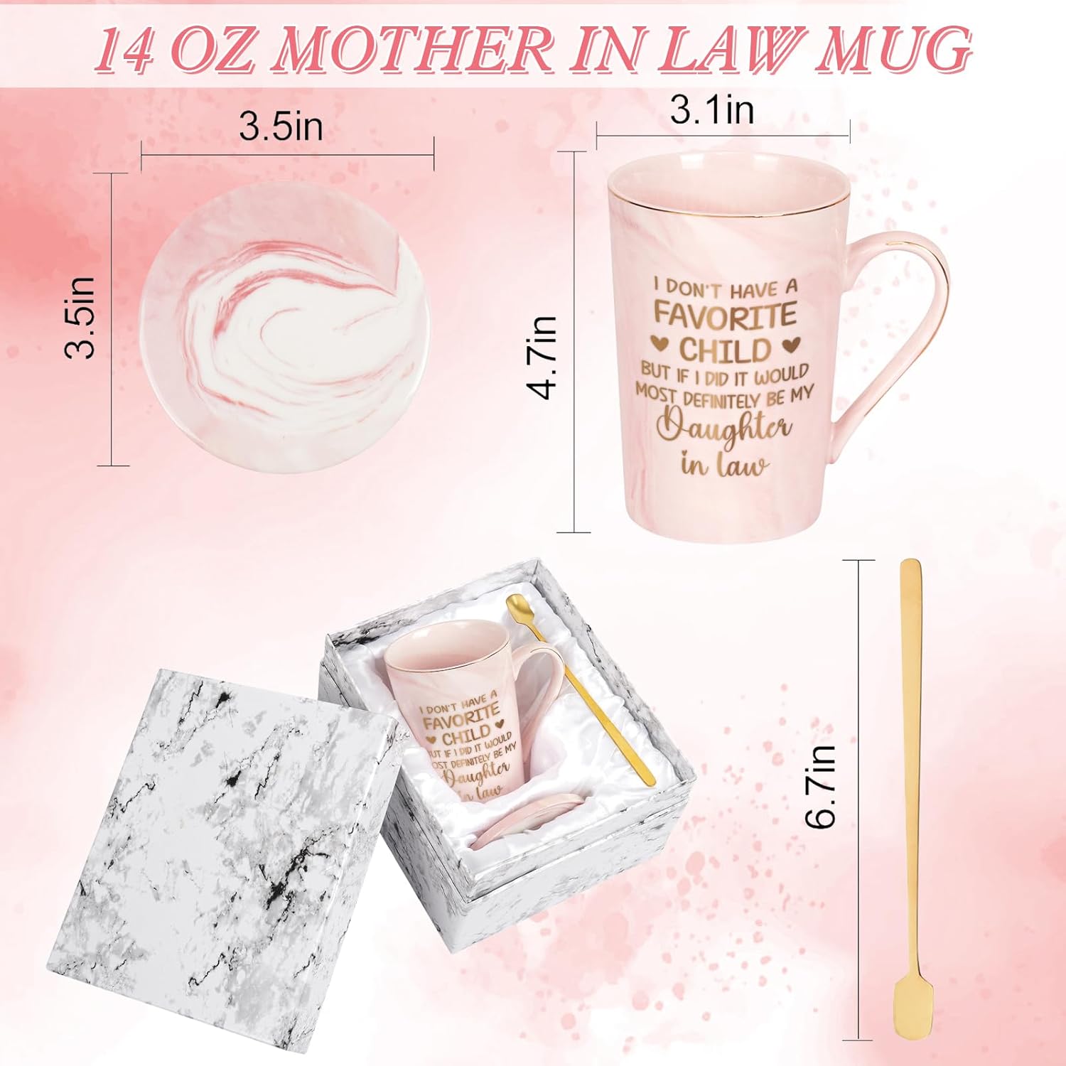 YHRJWN Mother in Law Gifts, Christmas Birthday Gifts for Mother-in-Law from Daughter-in-Law, My Daughter in Law Is My Favorite Child Mug, 14 Oz Pink - Image 7