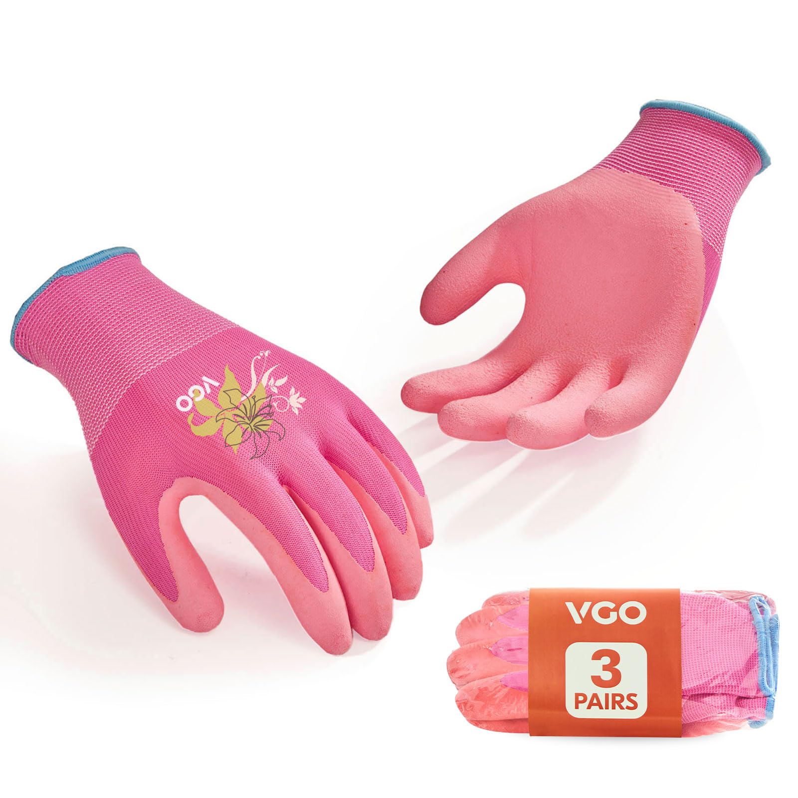 Vgo... 3 works Women’s Gardening Gloves - Latex Coated Anti-Slip, Breathable & Durable for Outdoor Construction, DIY