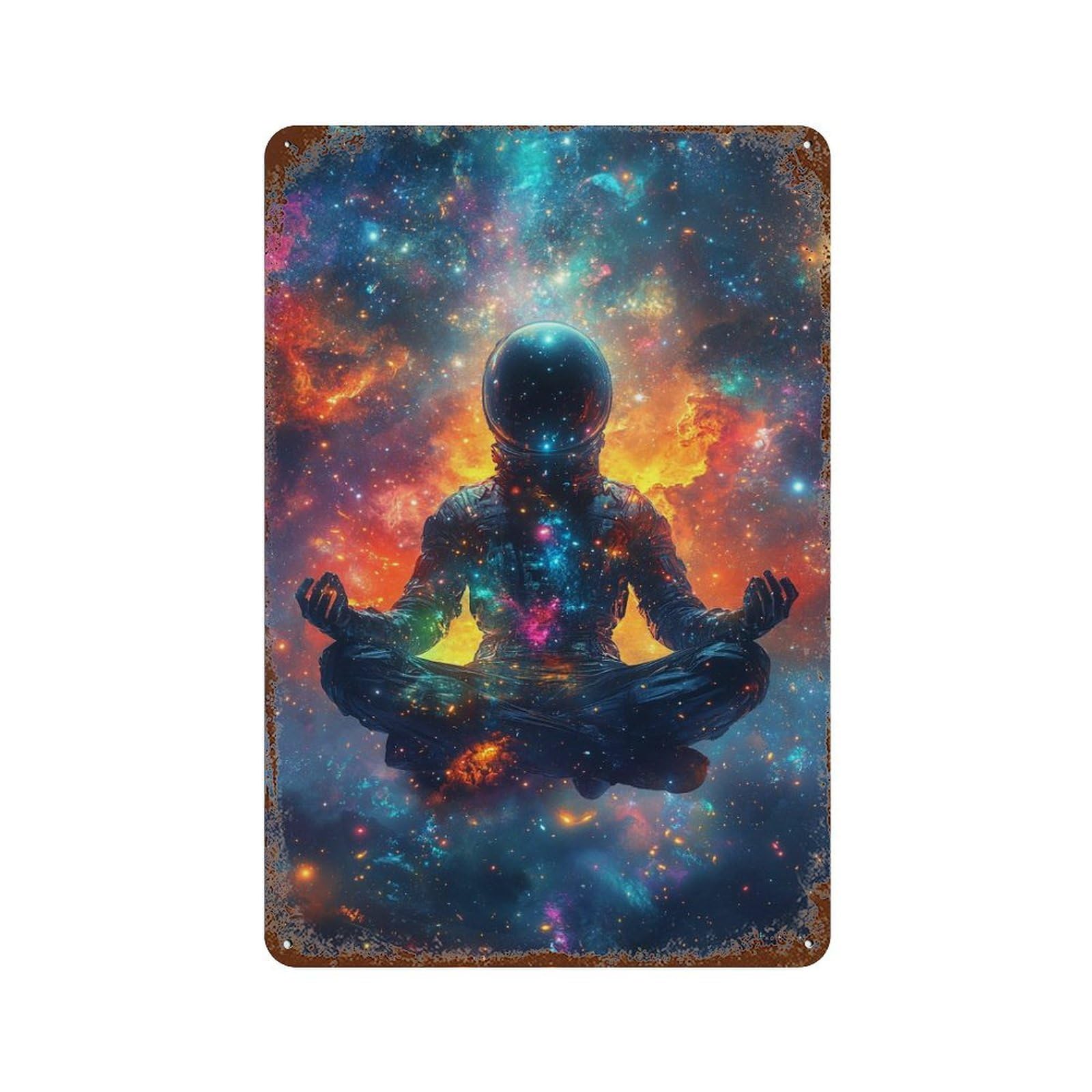 Rust Effect Cosmic Astronaut Meditation-2 Aged Metal Wall Plaque 11.8"x7.9", Shabby Chic Decor for Living Room, Hallway And Home Decor