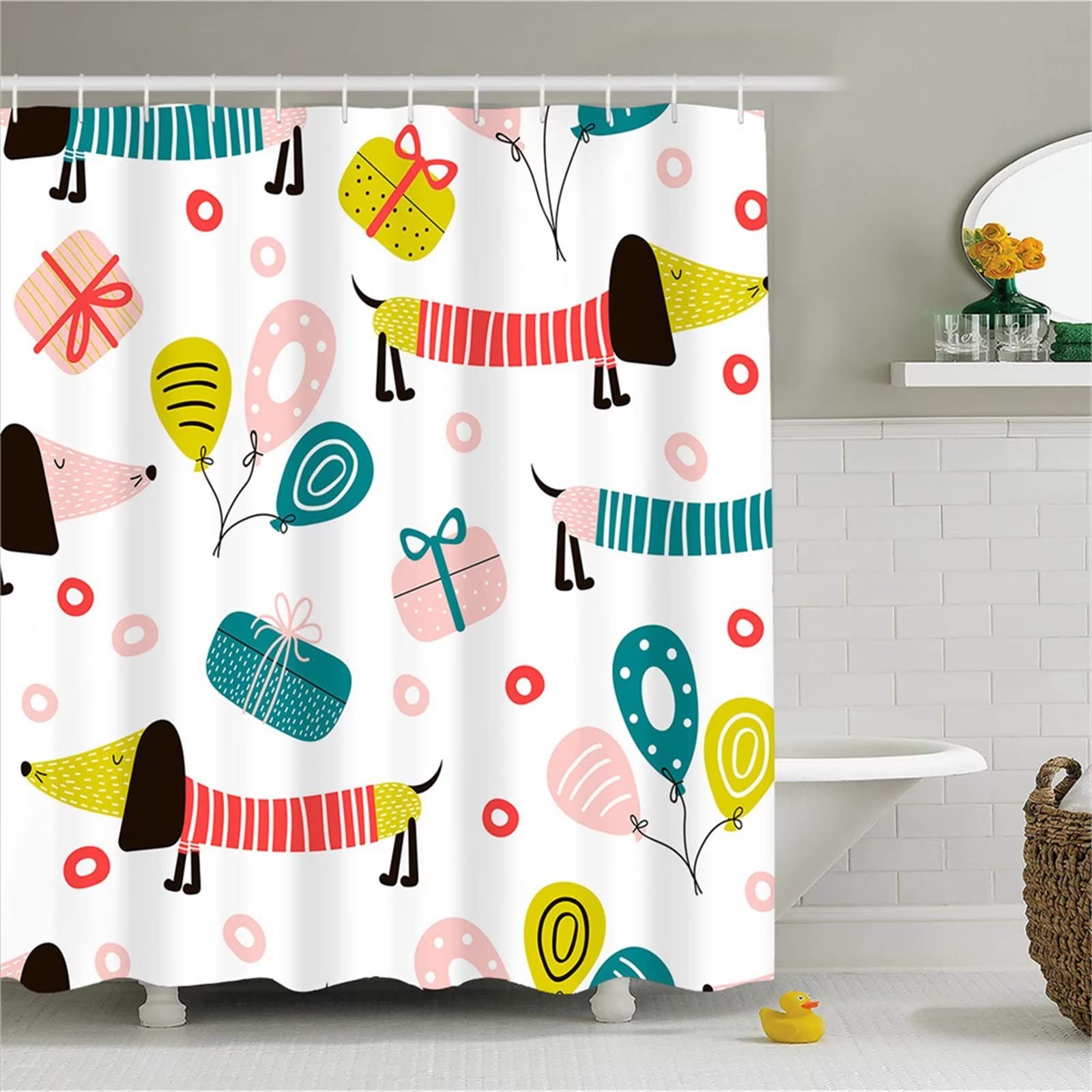 Cane dei cartoni animati Tenda Doccia W300cmxL180cm Tenda per Doccia Antimuffa,Tenda da Esterno Impermeabile Tessuto,3D Tenda con Ganci per Dormitorio Famiglia Appartamento Hotel Doccia ​Bagno Decor