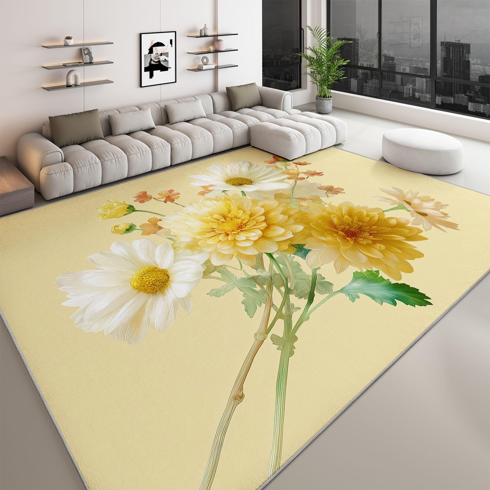 Tapis de chambre lavable jaune fleur pour salon chaleureux