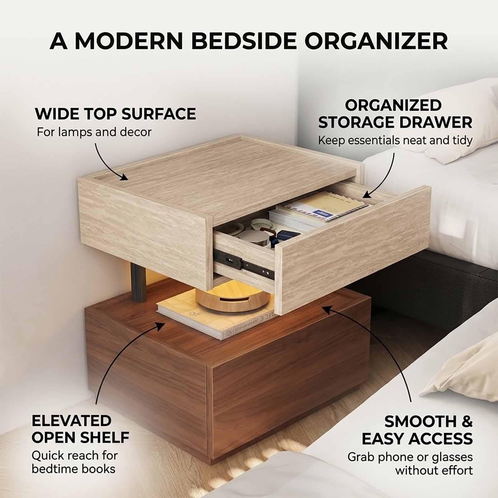 Mesita de Noche de Madera Maciza con Cajones, Diseño de 2 Niveles