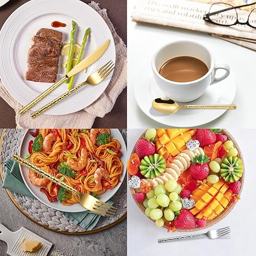 Miniatura 4 de Juego de cubiertos martillados dorados de 60 piezas para 12,304 cuchillos de acero inoxidable grueso, juego de tenedor y cuchara, apto para