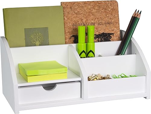 MissionMax Organizador de escritorio y almacenamiento de bambú blanco mediano con cajón y compartimentos para todas tus necesidades de oficina y