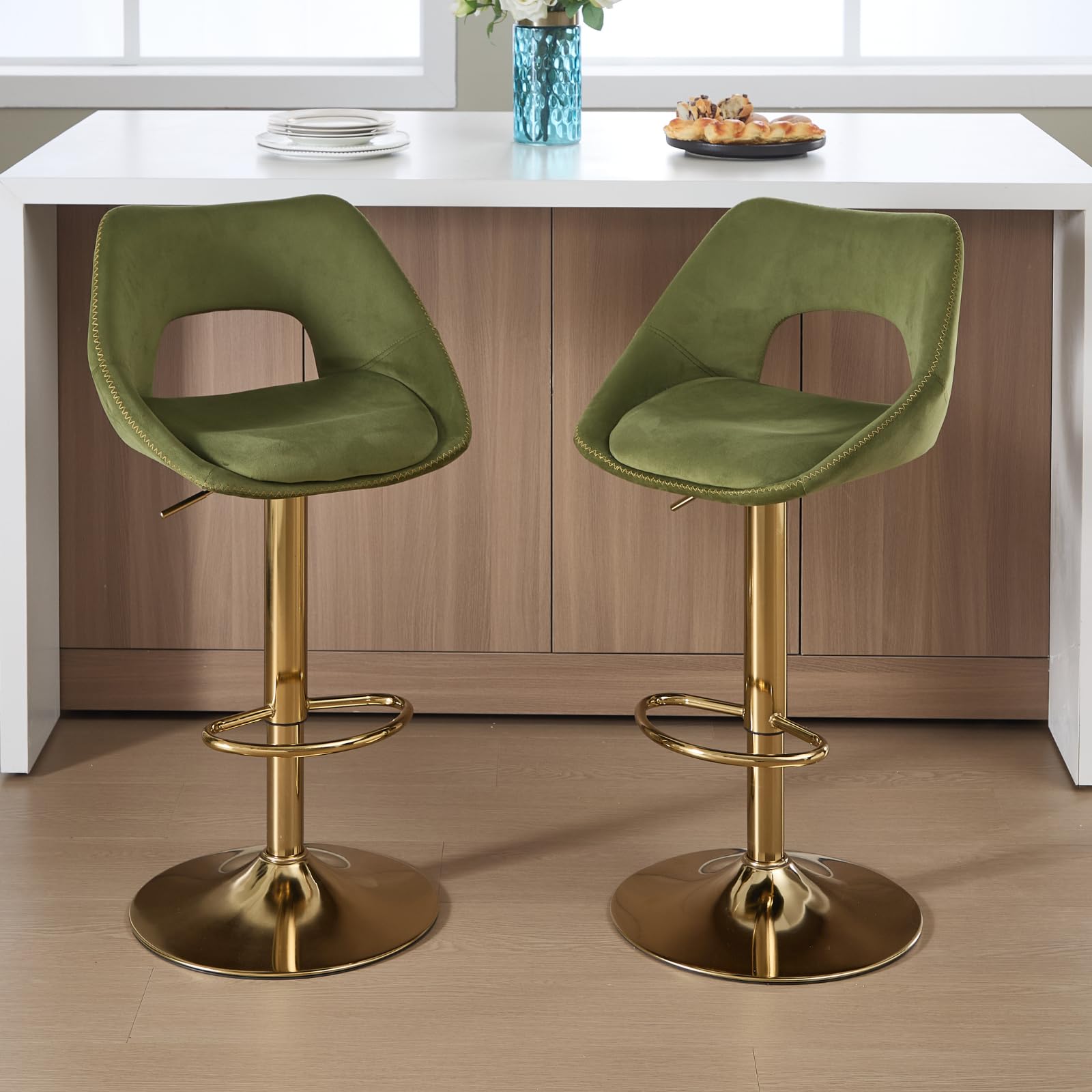 DAYALANE 2PCS Swivel Adjustable Bar Stools with Open Curved Back Sage Green