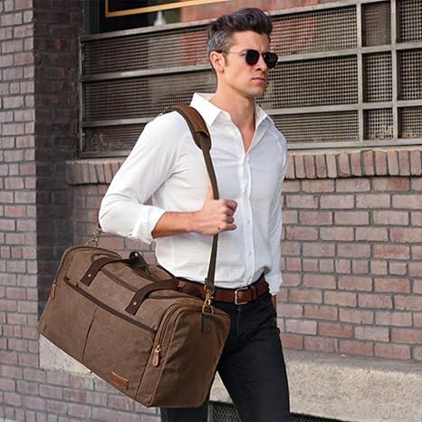 S-ZONE 60L Grote Canvas Lederen Trim Reizen Tote Duffel Schouder Weekend Tas Unisex Weekender Overnachting Carryon Handtas Schoudertas, Leger Groen, X-Large