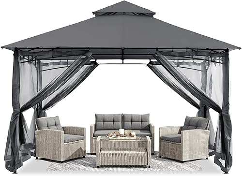 Miniatura 14 de ABCCANOPY Gazebo para patio al aire libre, 11 x 11 pies, toldo de doble techo con mosquitera para patio trasero, terraza, jardín, césped, gris