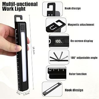 COB Work Pen Light LED Folding Work Flashlight with Magnet Portable Torch Rechargeable , Multi-Function Ruler Flashlight Rotate 180 Adjustment Work Light for Hiking Camping Emergency Outdoor (DT07)