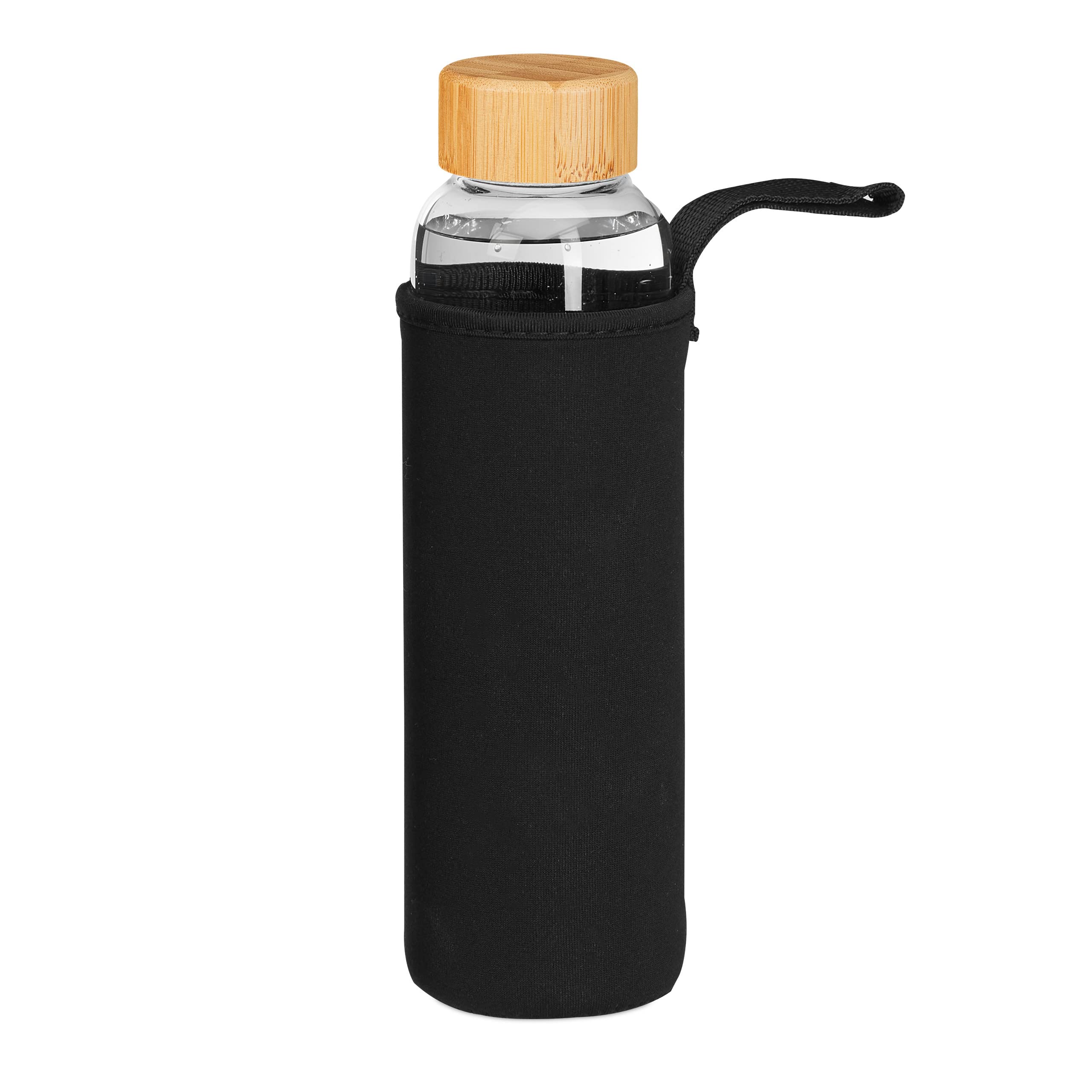 Relaxdays Gourde en Verre, Lot de 6, 500 ML, Bouteille, Bouchon Bambou, Housse, Verre Borosilicate, Transparent/Noir