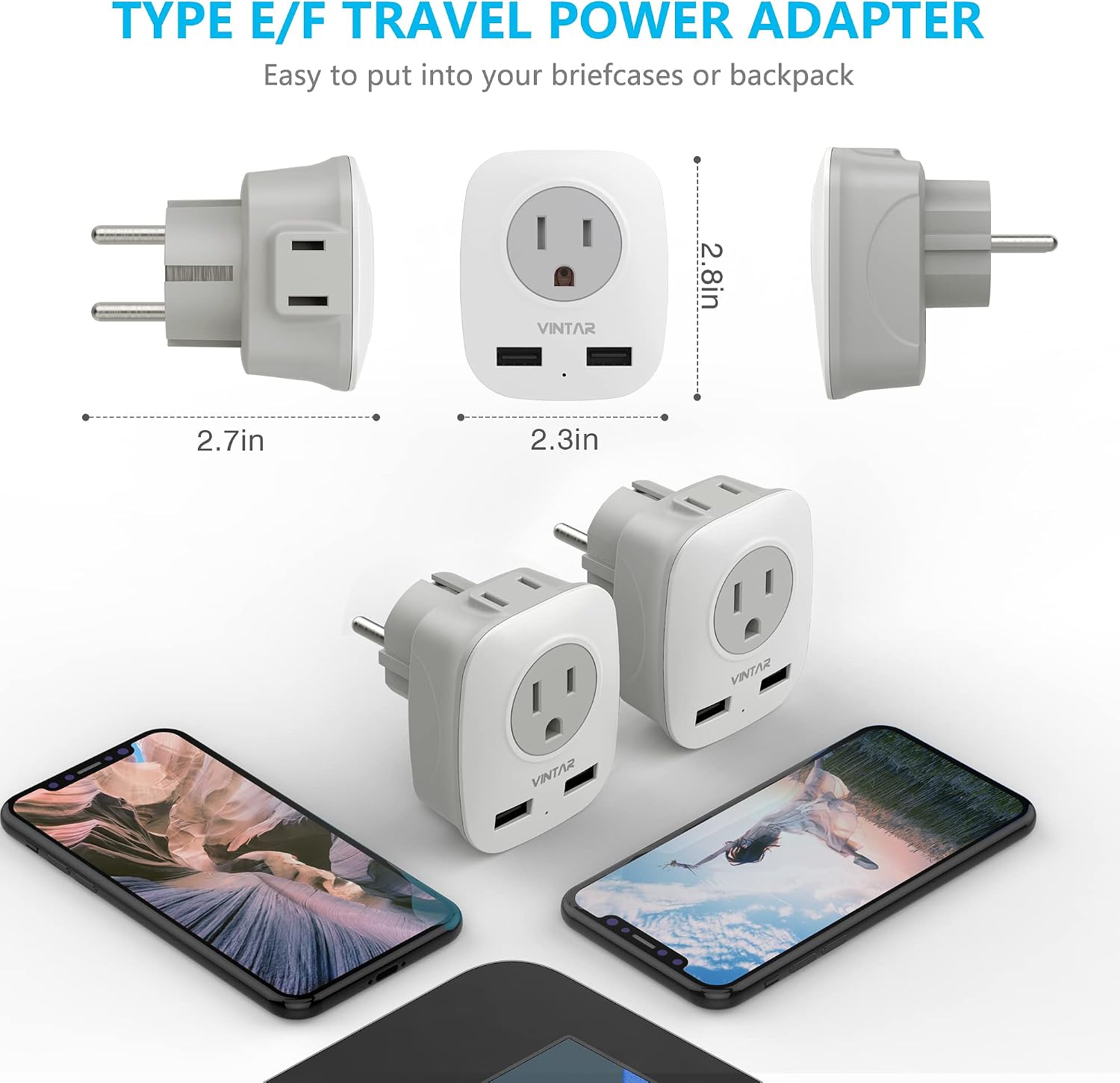 [3-Pack] Type E/F Germany European Travel Adapter,VINTAR Schuko International Power Plug with 2 USB and 2 Outlet,US to Most of Europe EU German French Russia Iceland Spain Greece Norway
