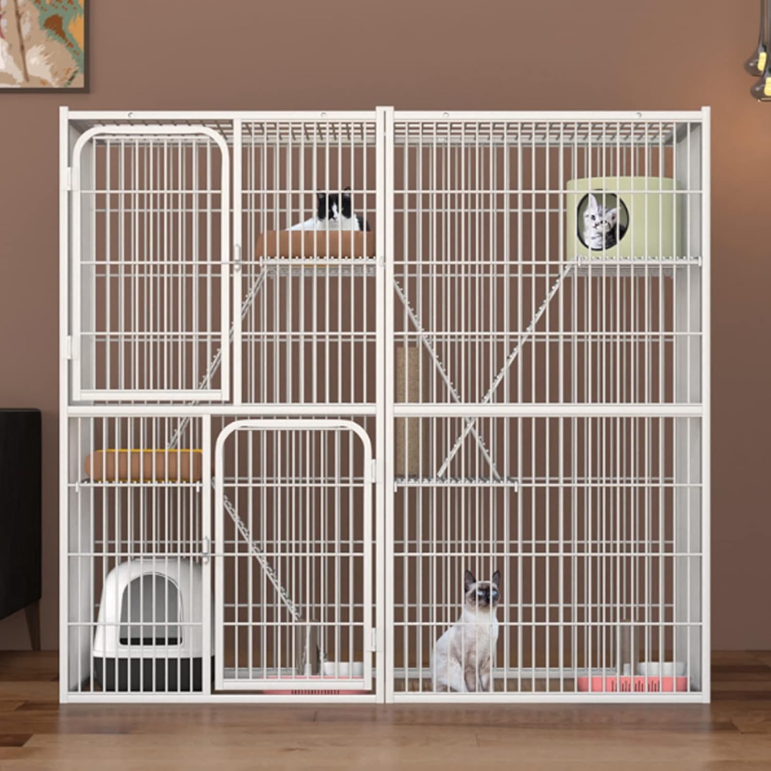 Indoor Cat Cage with Door Detachable Metal Crate with Platform and Ramp Ladders Cat Houses in Pet Supplies Oversized Free Space Cattery Pet Cages (142 * 54 * 130Cm)