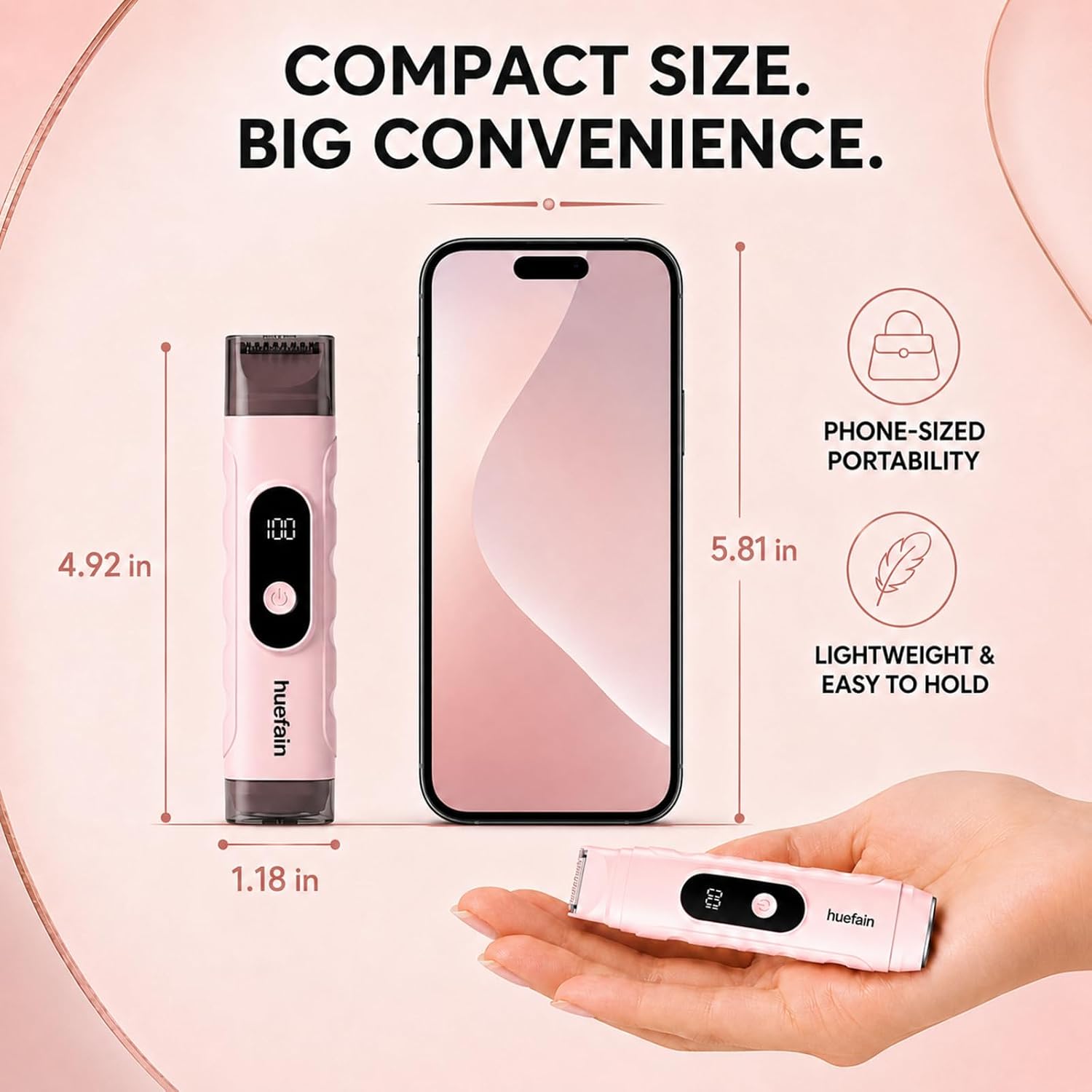 2-in-1 Bikini Trimmer for Women, Dual-Sides Tiny Pocket Trimmer, Compact Lightweight Electric Razor & Body Shaver, Electric Razors for Women, IPX6 Wet/Dry Use, USB-C Rechargeable, LED Display (Pink)