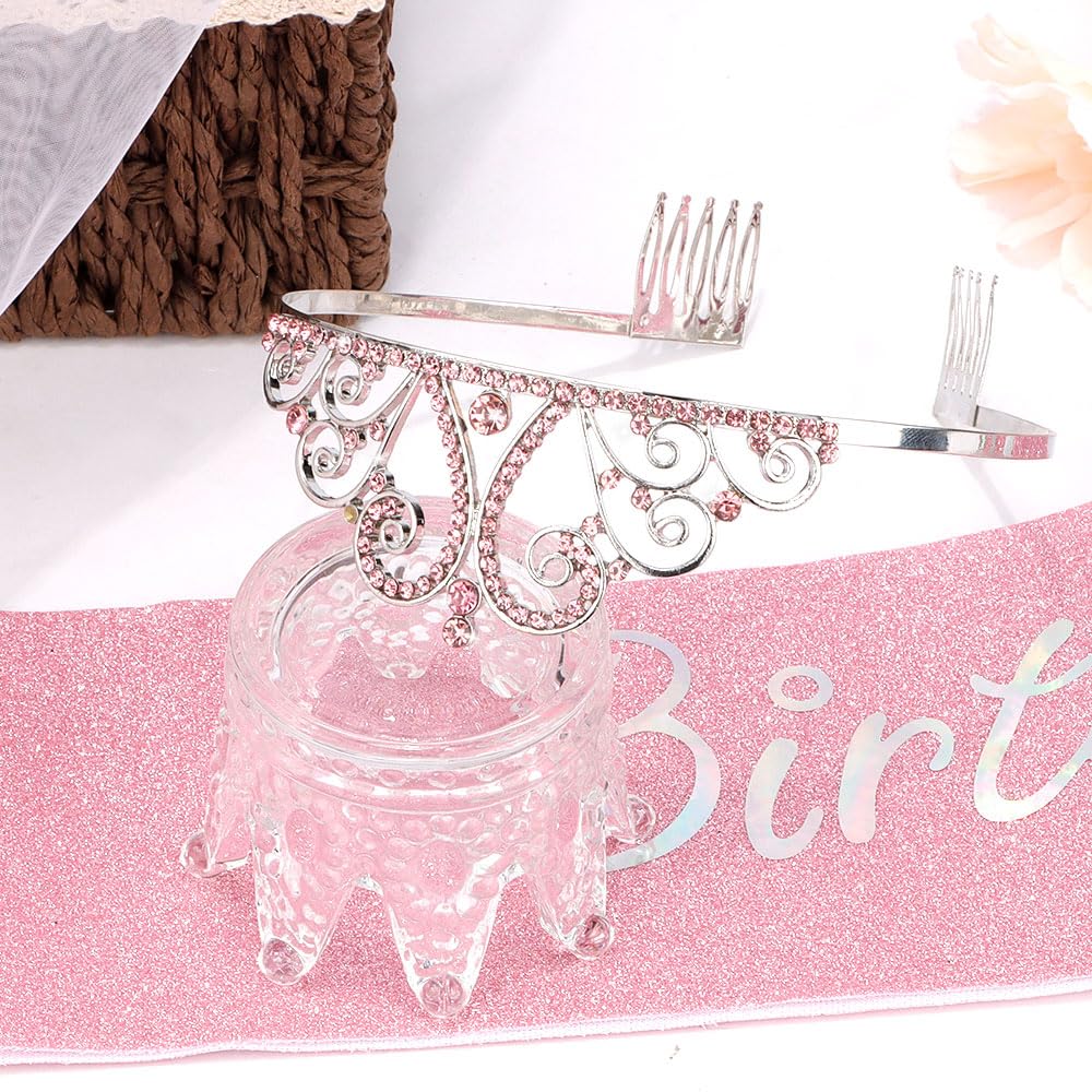 AOPRIE Birthday Sash for Women Birthday Tiaran and Crown for Women Headbands for Women Girls Rhinestone Happy Birthday Accessories Favor Supllies Pink, 2 Pack - Image 3