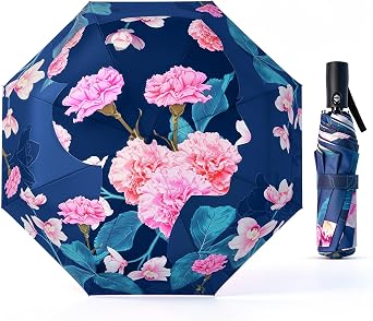 Lejorain Compact Travel Umbrella for Women - 46 Inch Portable Floral Umbrella Auto Open Close Folding Windproof Umbrellas for Purse, Car, Backpack & Travel