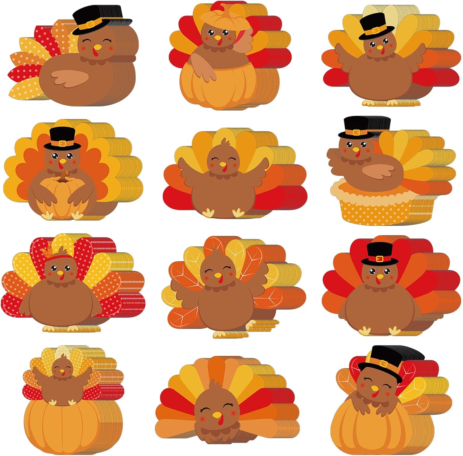 Seajan 200 Pcs Thanksgiving Turkey Cutouts with 400 Glue Points Cartoon Turkey Paper Bulletin Board Classroom Cutouts for Fall Home Party School Bulletin Board Classroom Decor