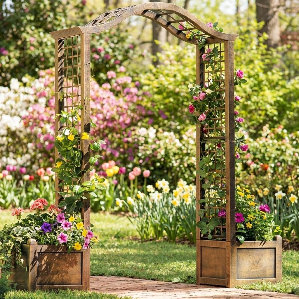BrylaneHome Garden Arch Arbor Trellis with 2 Planter Boxes for Flowers and Climbing Vines - Bronze
