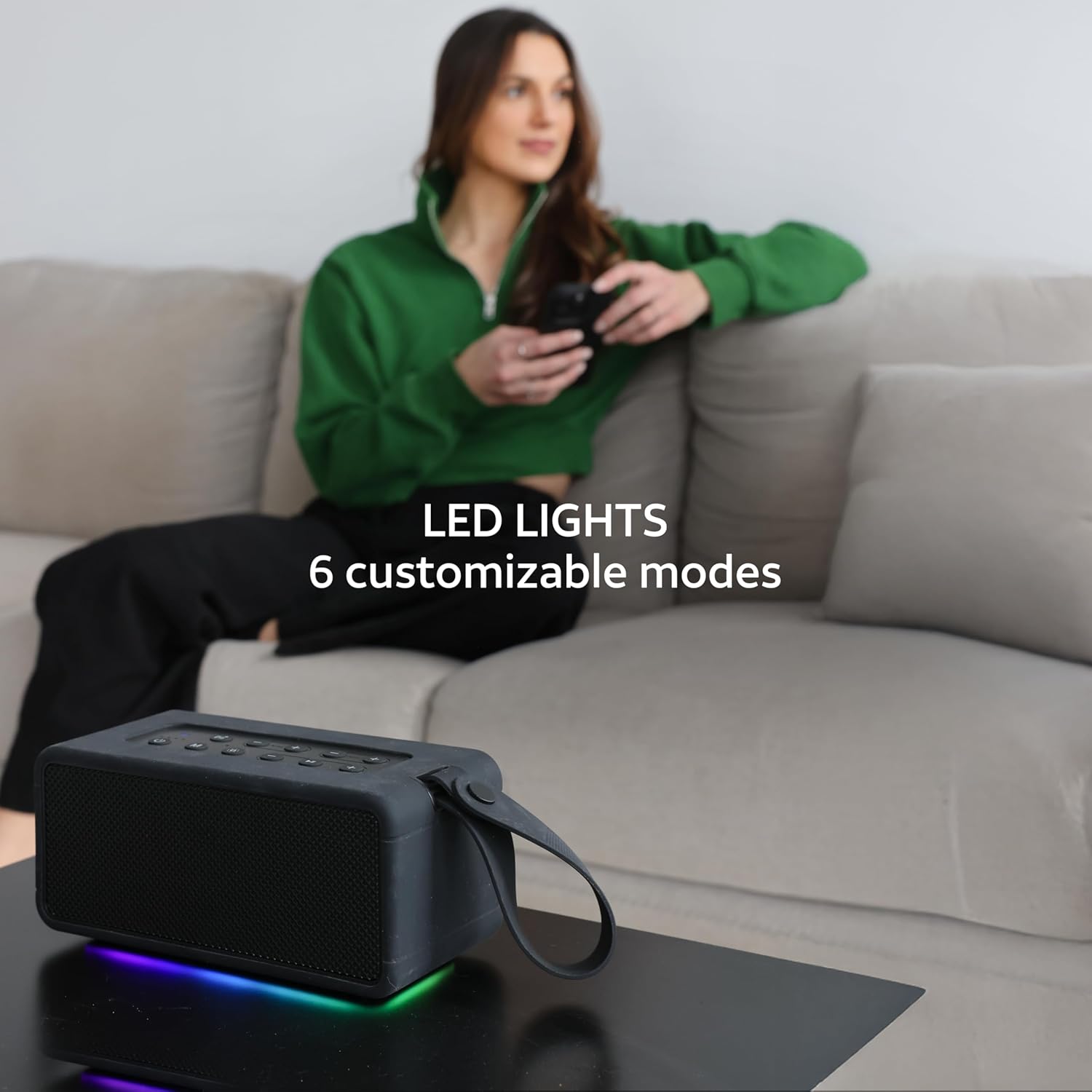 AT&T Essentials Retro 80W Bluetooth Speaker, IPX6 Waterproof, Bluetooth 5.3, LED Light Modes, Bass & Treble Control, 12H Battery, USB-C Charging, Outdoor & Indoor Use, Home Audio System - Cream - Image 6