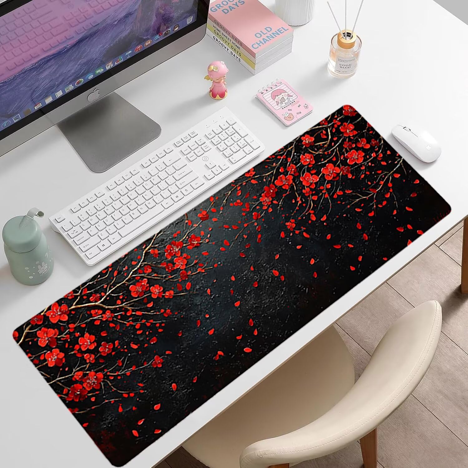Podkładka pod mysz XXL Flower - 1400x600x3mm - czarna duża mata na biurko z przeszytymi krawędziami i antypoślizgowa wodoodporna do komputera, laptopa poprawia precyzję i szybkość. -35548