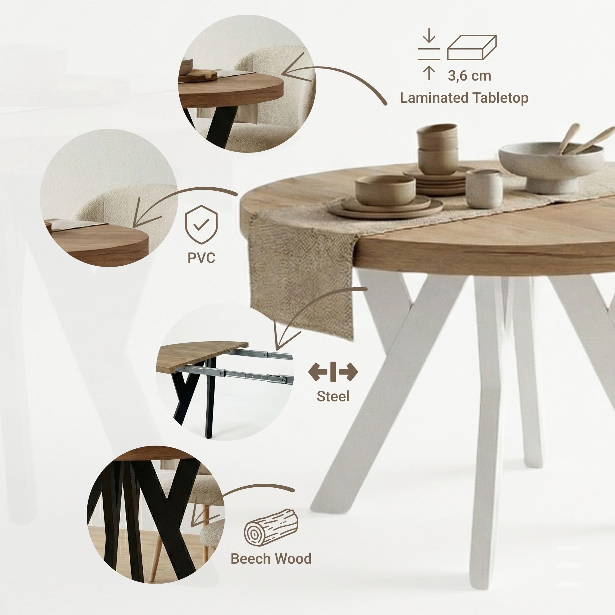 Runder Ausziehbarer Tisch für Esszimmer mit Holzbeinen, Pero, Loft-Stil, Skandinavische, Durchmesser Varianten: von 90 bis 220 cm (Eiche Artisan/Weiß, 90/140 cm)