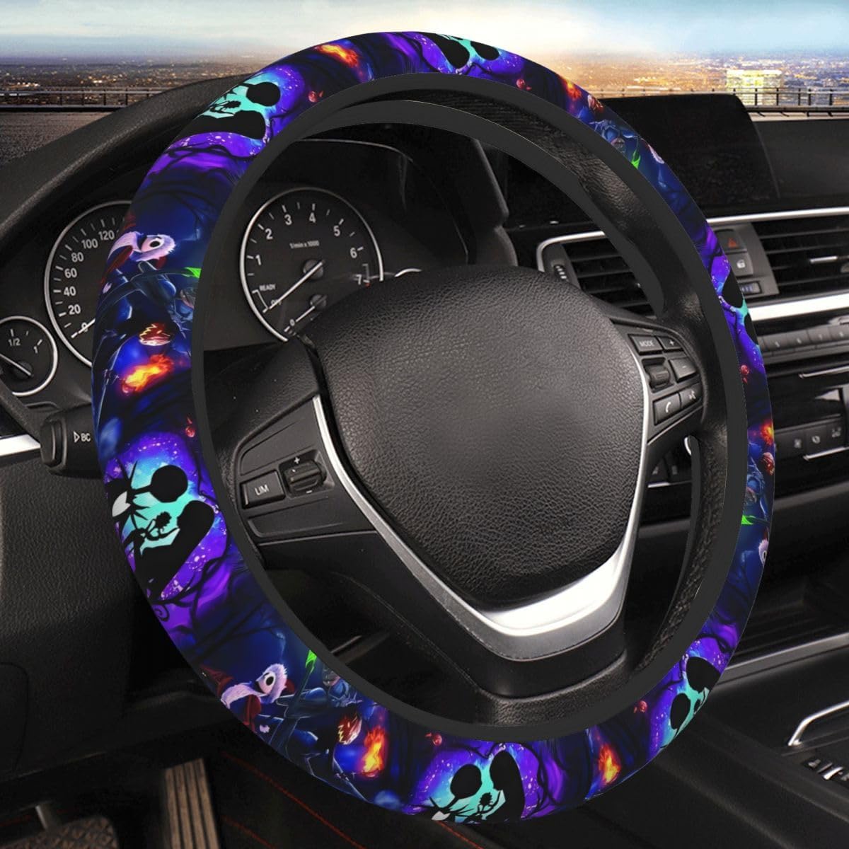 Halloween Jack and Sally Horror Nightmare Christmas Steering Wheel Cover for Women, Neoprene Anti-Slip Universal 15 inch Car Steering Wheel, Anime Car Accessories for Vehicle SUV (3, One Size)