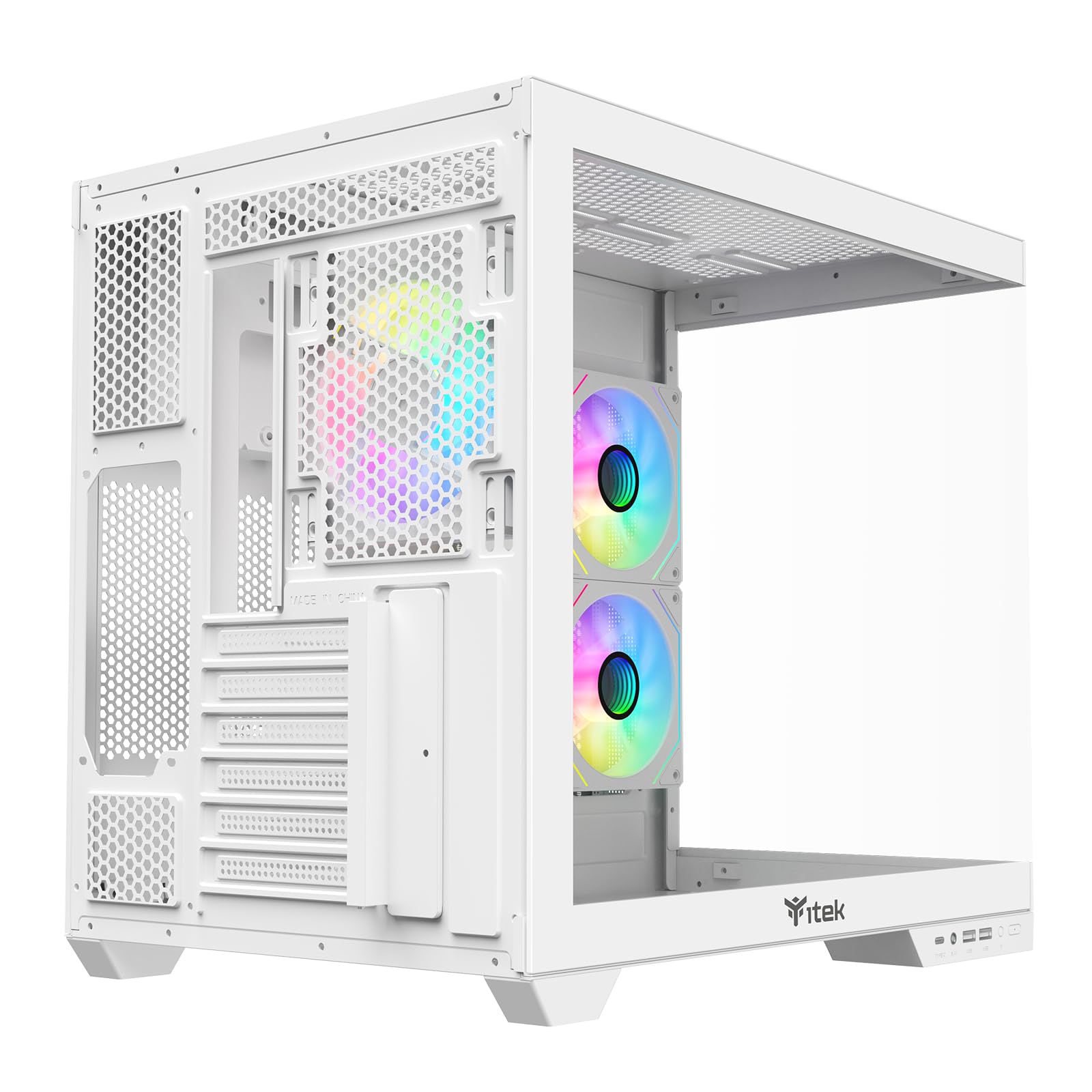 Itek Case Gaming DARK CAVE DS ATX White Edition, 3 Ventole da 12cm ARGB, 2x USB3, 1x Type-C, Vetro Temperato Frontale e Laterale