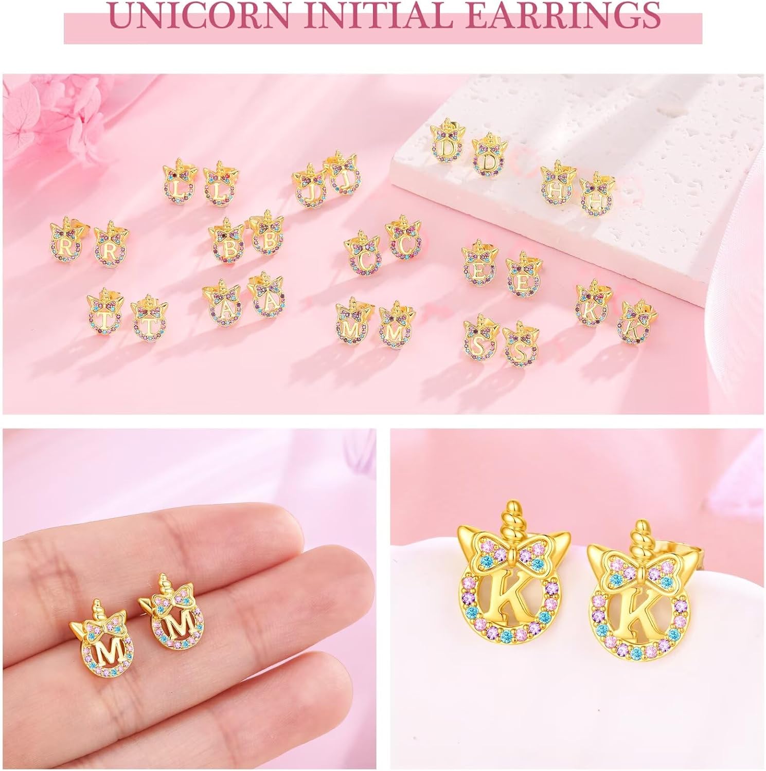 MONOOC Valentines Gifts for Kids Girls - Unicorn Earrings for Girls Gifts, S925 Sterling Silver Post Hypoallergenic Initial Earring CZ Unicorns Stud Earrings Birthday Gift for Girl Kids Jewelry - Image 8