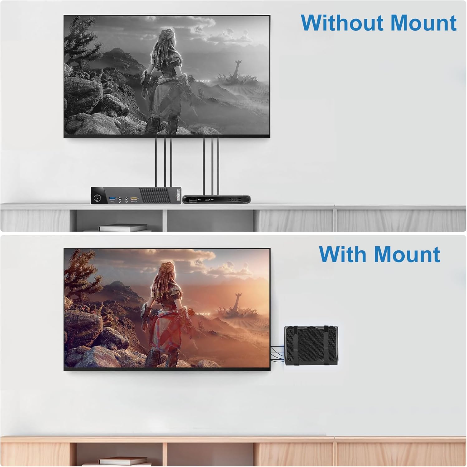 Universal Wall and VESA Mount for Micro PC, UPS Units, WiFi Router, Cable Modem and Other Electronic Devices Adjustable Strap Mount Bracket for Dell Lenovo HP mini pc, Mounted Behind The TV or Monitor