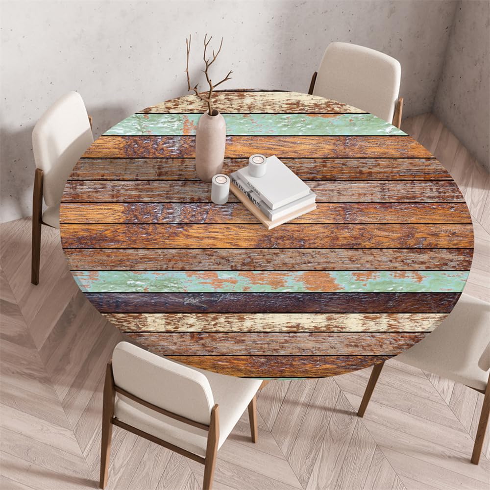 Treer 3D Wood Effect Round Tablecloth Protector Wipeable Round Table Cloth, Round Elastic Edged Fitted Backed Table Cover Washable for Dinning Room Kitchen Picnic Party (120cm,Board)