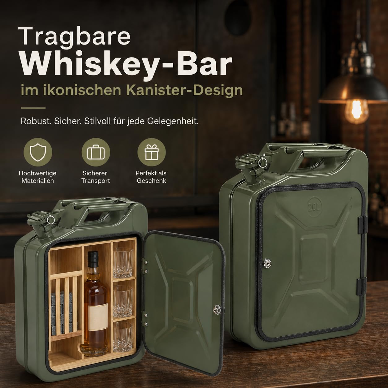 Kanister mini bar z grawerunkiem – metalowy mobilny bar – prezent urodzinowy dla mężczyzn – zamykany minibar, 35 x 15,5 x 47 cm, z zamkiem i kluczami, do użytku na zewnątrz i na imprezy