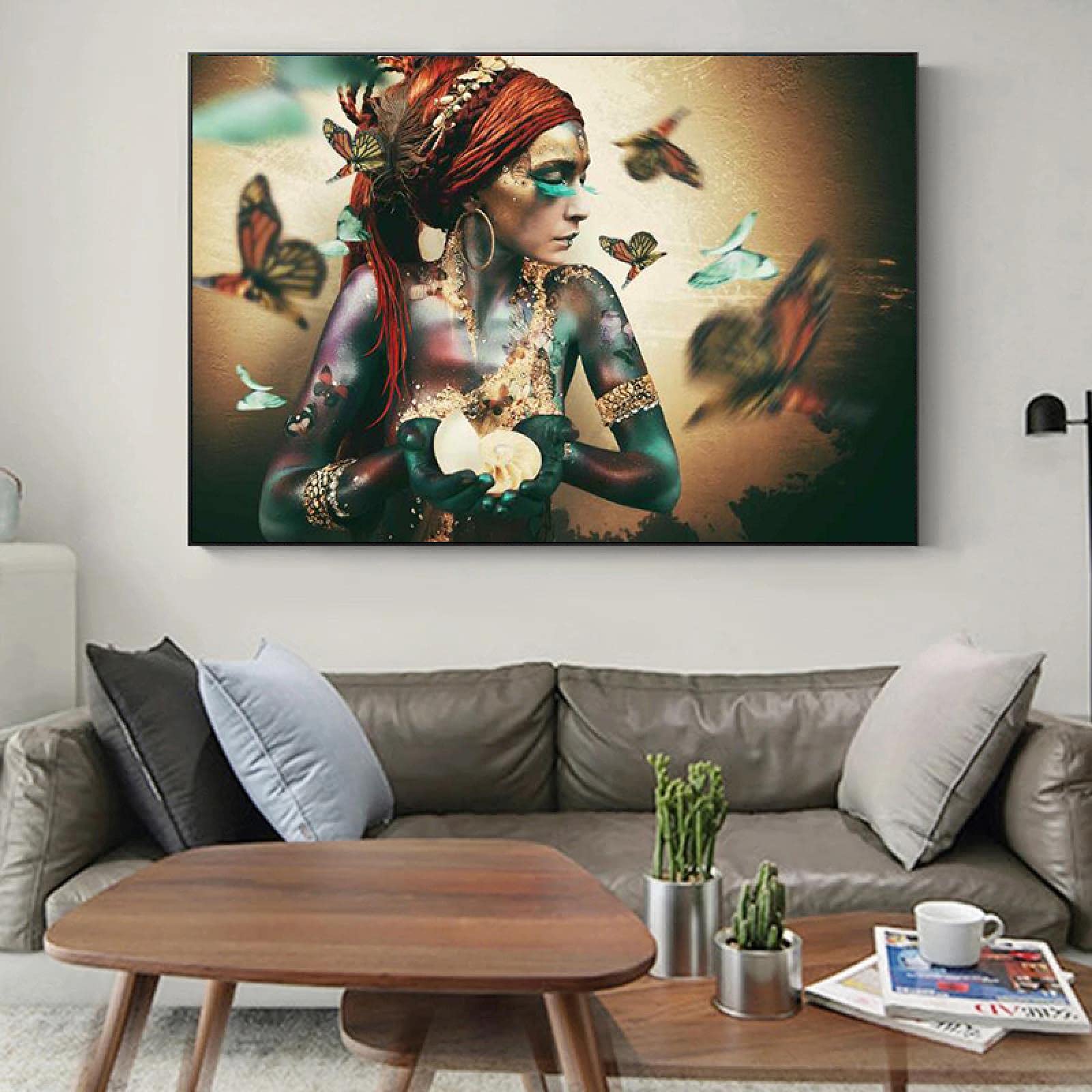 Yooyu Chica colorida Pintura en lienzo Mujer africana con cartel de mariposa e impresión de imágenes de arte de pared para la decoración de la pared de la sala de estar 60x95cm (24x37in) con marco