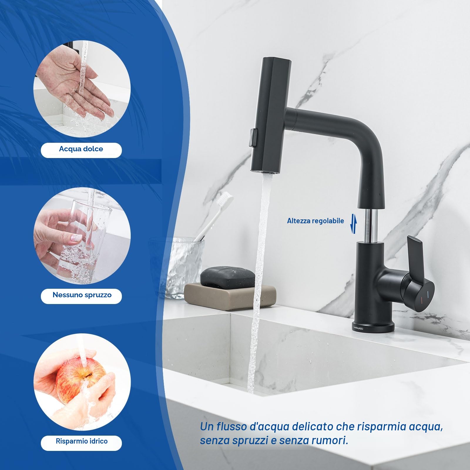 Rubinetto per Bagno Lavabo Nero Doccetta Estraibile con a 3 Modalità | Miscelatore Lavabo Estraibile LakeBayMZC,Rubinetti Monocomando Bagno con Doccetta,Aeratore Rimovibile,Senza Piombo, Nero