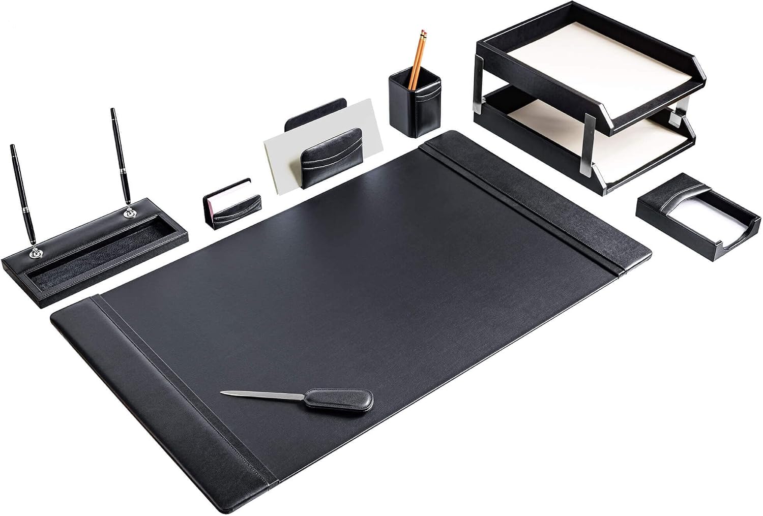 DACASSO Black Leather 10-Piece Desk Set - Luxury Leather Desk Pad & Desk Organization Essentials - Office Organization & Executive Desk Decor - (Silver Accent) image 3