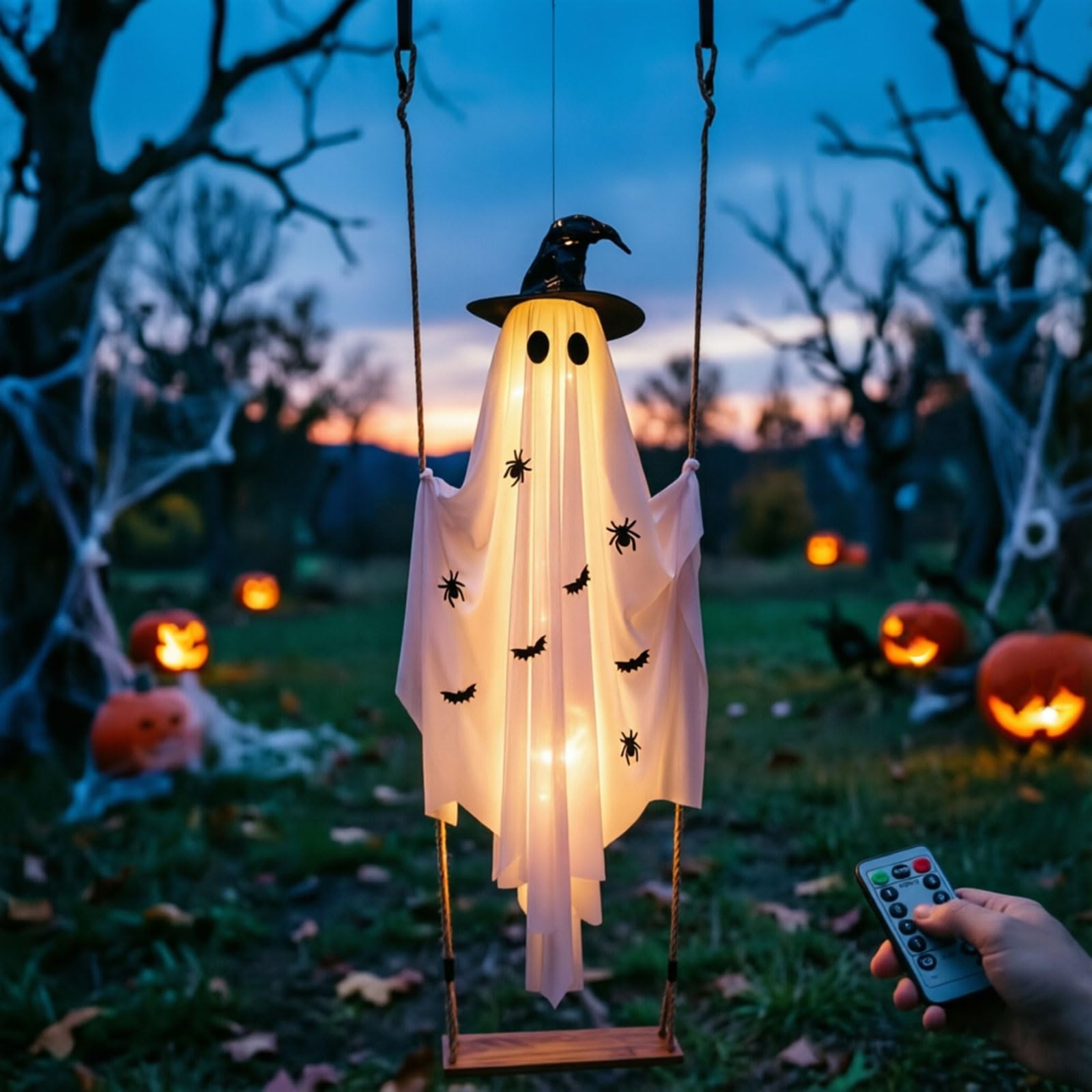 150cm Swinging Ghost, Halloween Deko Hängend Geist Auf Schaukel, Schaukelnder Geist, Gespenst auf Schaukel für Garten, Hof, Terrasse, Veranda & Partys Deko (C-150cm)
