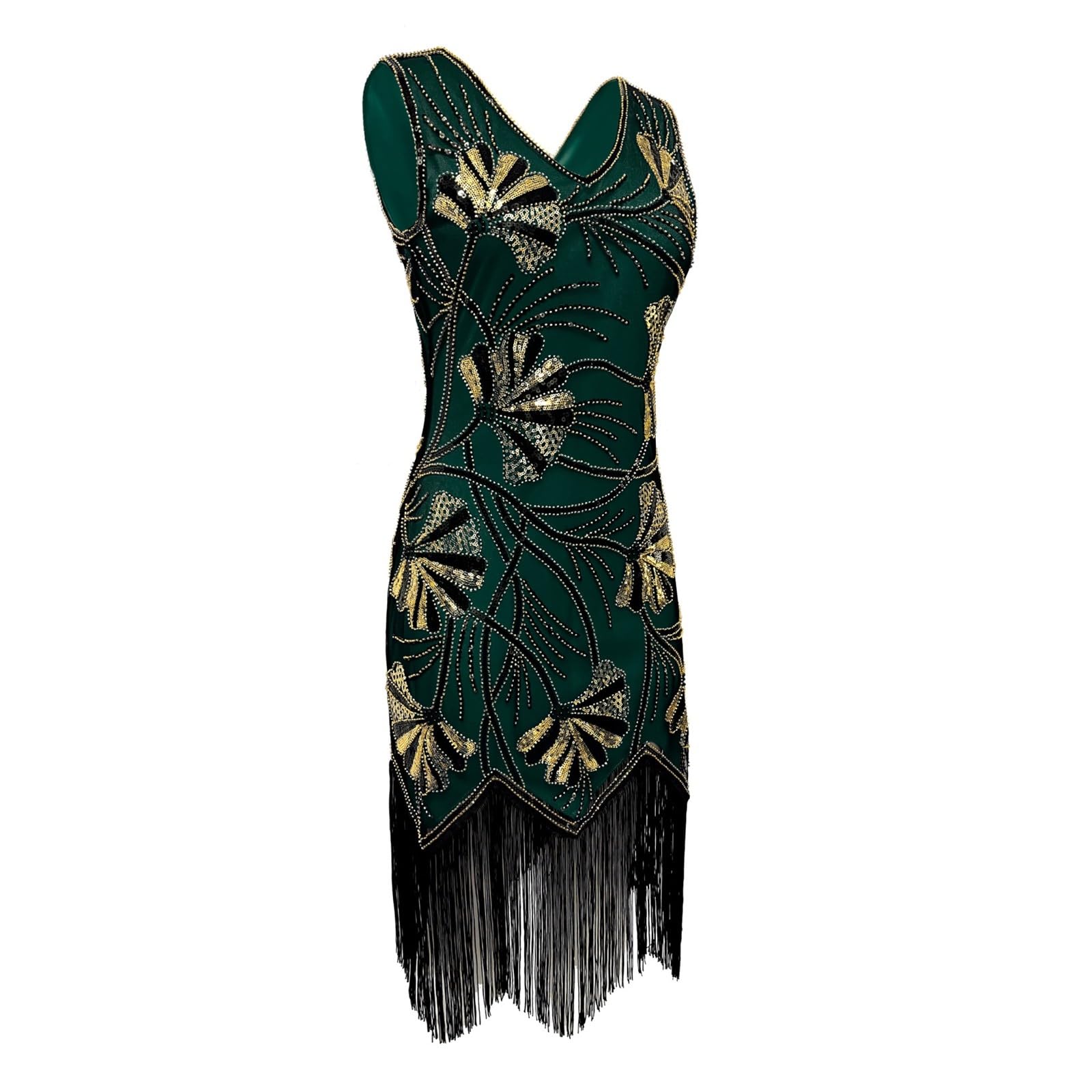 Generico Elegante Abito retrò Senza Maniche con Scollo a V, Paillettes e Frange, per Abito da Festa e Costume da Ballo