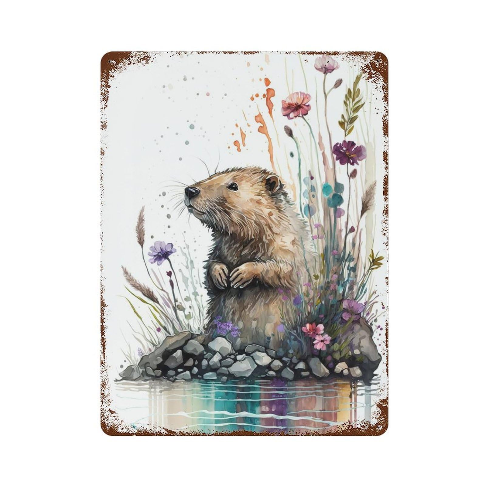 Watercolor Beaver Rusty Metal Tin Sign 15.7"x11.8", for Pub, Kitchen And Man Cave Decor, Novelty Wall Decor