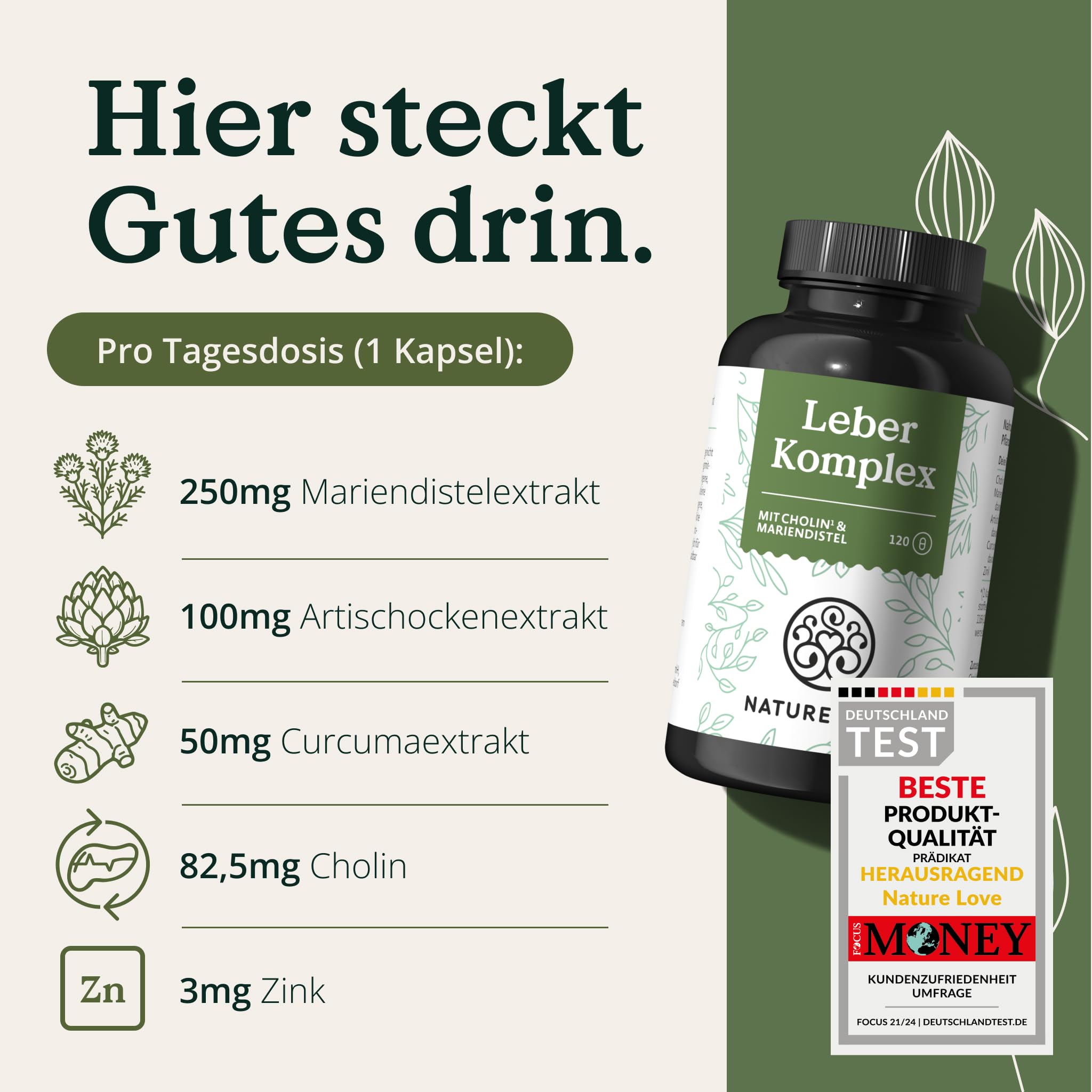NATURE LOVE® Leber Komplex - 120 Kapseln - mit Mariendistel, Cholin, Artischockenextrakt, Curcuma & Zink - Hochdosiert, vegan, laborgeprüft und in Deutschland produziert