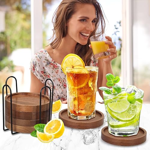 Miniatura 2 de Juego de 6 posavasos de madera con soporte, decoración de mesa de café, juego de posavasos de madera de acacia, posavasos modernos para bebidas,