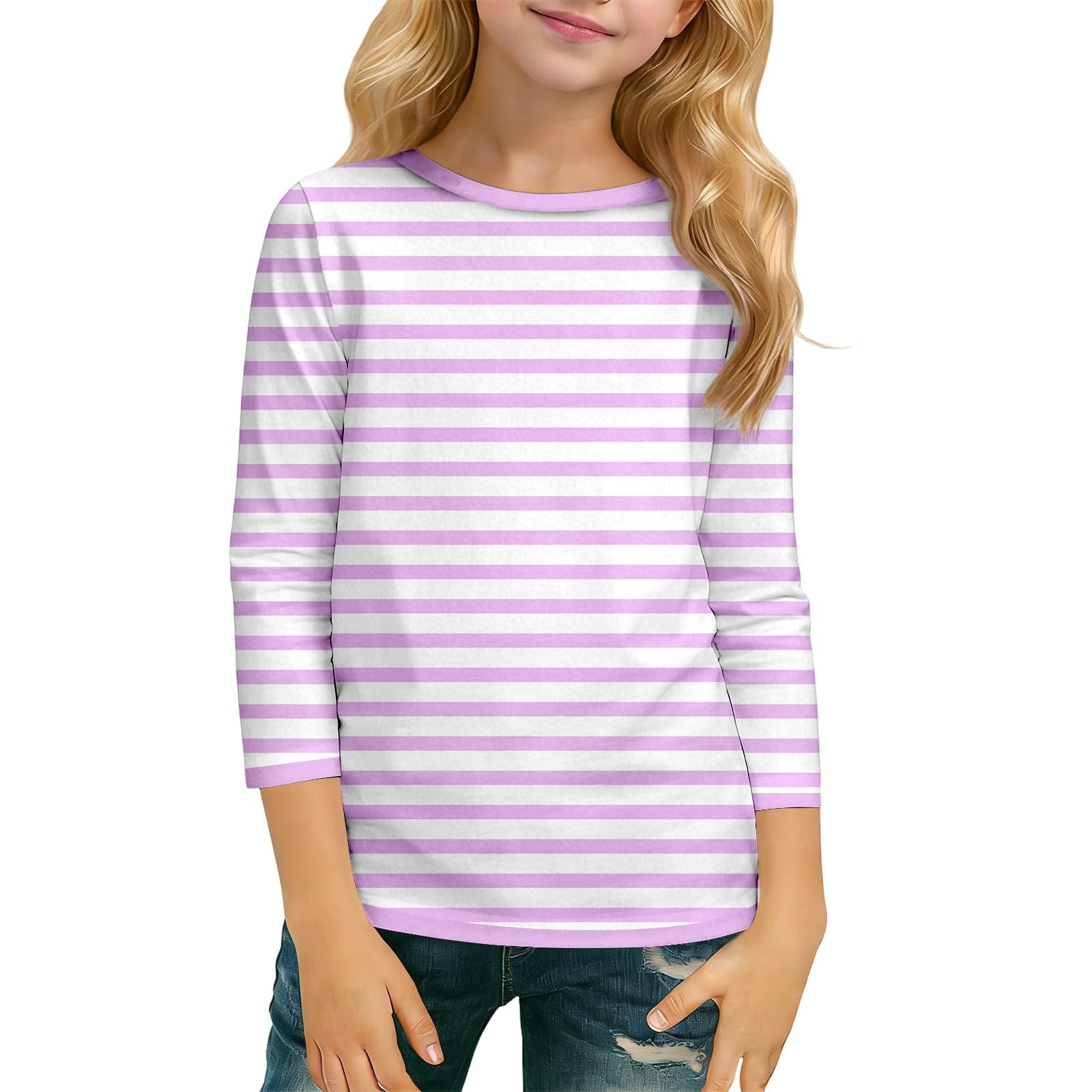 Gestreiftes Langarm-T-Shirt für Kinder, Klassischer Rundhalsausschnitt Langarmshirt,3/4 Ärmel T-Shirt,Mädchen Ringelshirt, Weiches Leichtes Slim-Fit-Oberteil für Mädchen und Jungen
