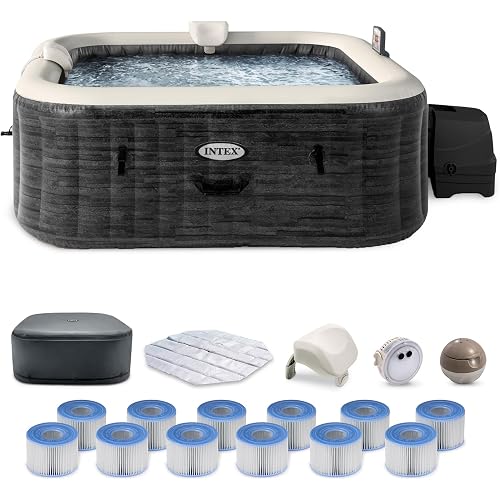 Intex PureSpa Plus Greystone Inflatable Square Outdoor Hot Tub Spa, 94 x 28 Bundled with Type S1 Easy Set Spa Filter Replacement Cartridge, (12 Pack)