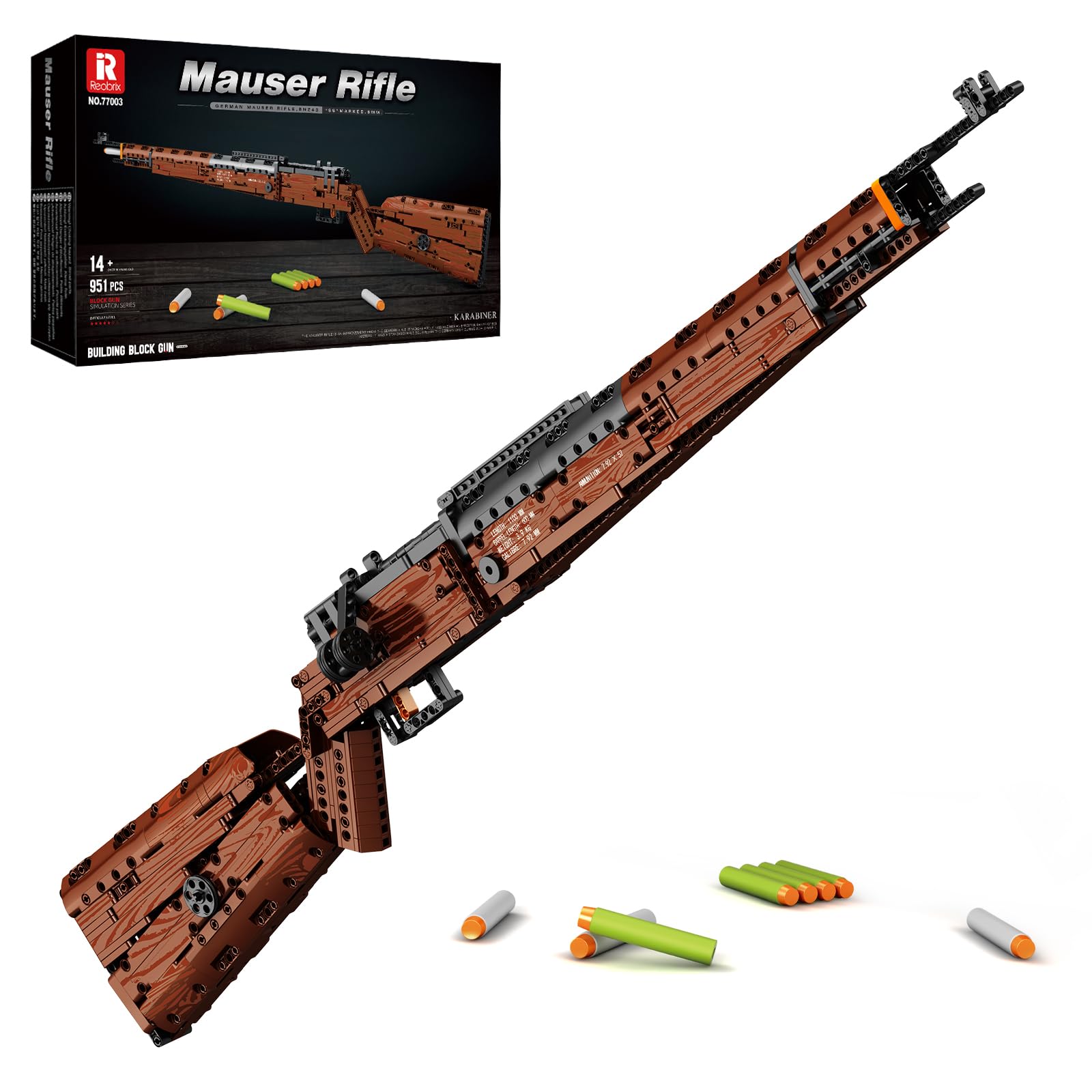 Reobrix 98K Gewehr-Modellbausatz für Erwachsene,104cm Klemmbausteine Modell | Großes Karabiner Modell, Funktionsmodell, Detailreiches Ausstellungsmodell, Militärfans, 77003 Modellset, 951 Teile Bausatz