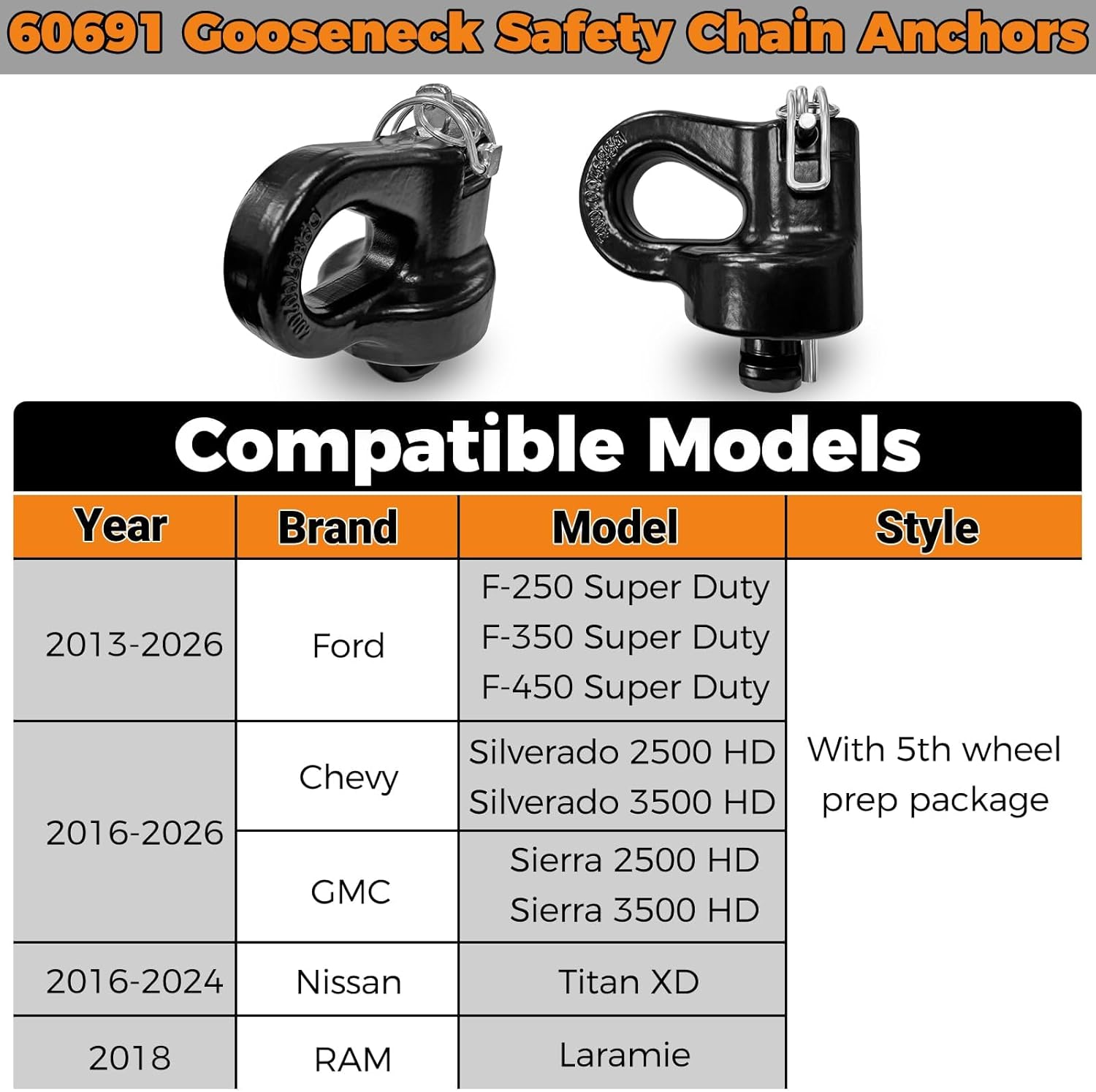60691 Puck System Gooseneck Hitch Safety Chain Anchors, for 2013-2026 Ford F250 F350 F450, 2016-2026 Chevrolet Silverado, GMC Sierra & 2016-2024 Nissan Titan XD, 38000 lbs GTW,2 PCS